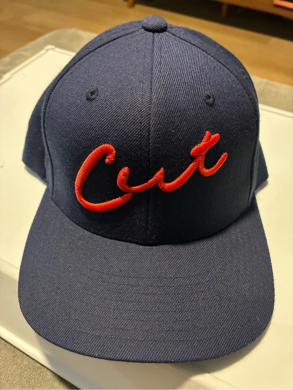 Navy Cat Baseball Cap with Red 'Cut' Embroidery